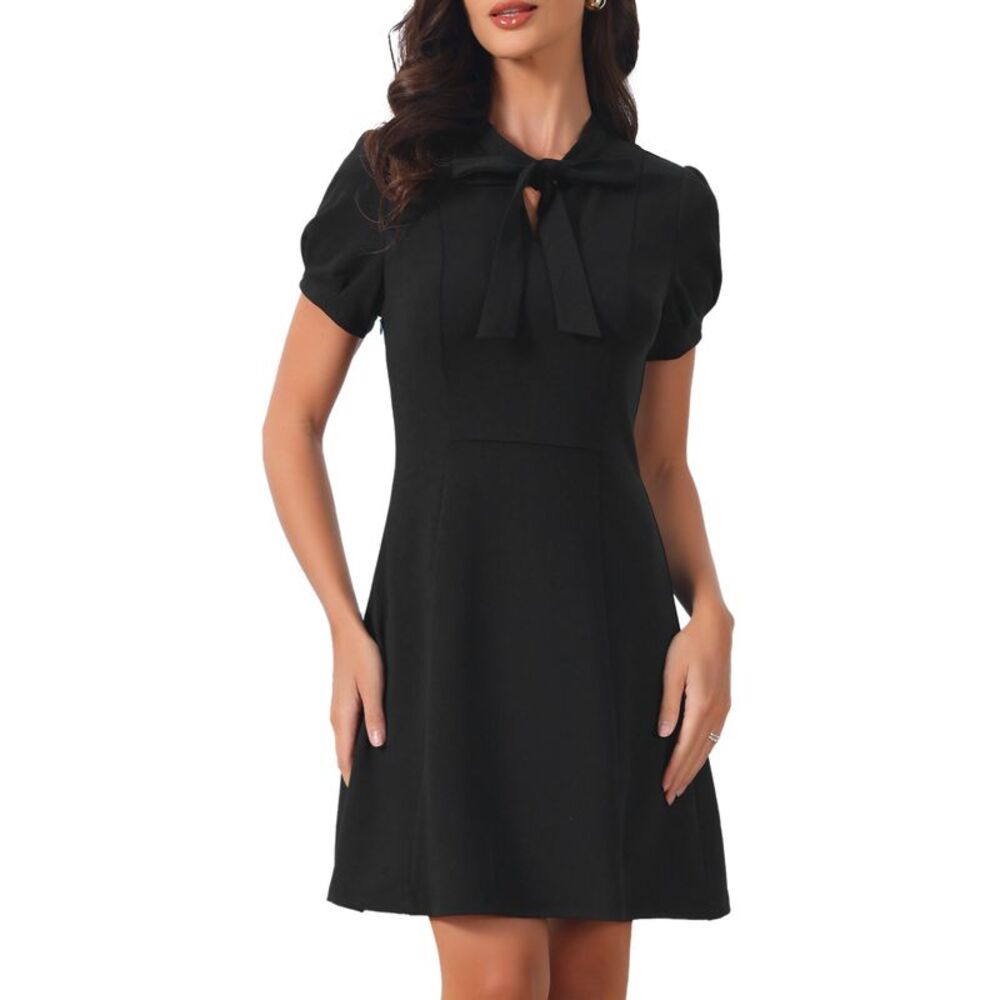 Women Business Office Tie Neck Puff Sleeve Keyhole Short Dress Black